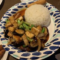 Eggplant tofu with rice at Goji Cafe in Dallas