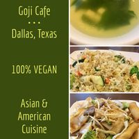 Soup, GF vegetable fried rice, and wide noodle broccoli stir fry at Goji Cafe in Dallas