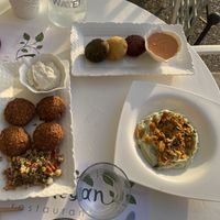 Potato cakes, falafel and green goddess salad   at Pulse in Crete