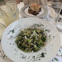 risotto verde, moussaka on the background at Pulse in Crete