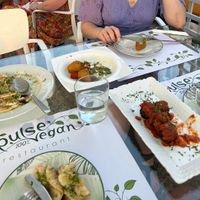 starters - mushroom carpaccio, polenta triangles, vegan meatballs  at Pulse in Crete