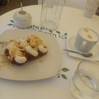 Carrot cake with almond cappuccino at Pulse in Crete