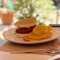 Great vegan cheeseburger with lots of cheese  at Pulse in Crete