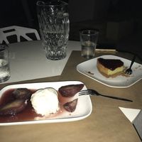 Red wine poached pears with vegan vanilla ice cream & vegan cheesecake! at Pulse in Crete