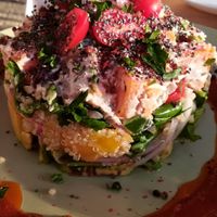 Salat with quinoa, ?, chia, fruits, special sauce, and and and at Pulse in Crete