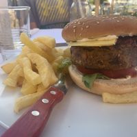 Burger and Chips! (So yummy, had lots of lentils in it) at Pulse in Crete