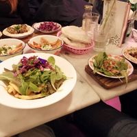 Vegan kapsalon, zoeteaardappelfrietjes, en pita's met vullingen (salade, hummus met een vleesvervanger, en rode kool) at HUmmUS in The Hague