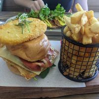 Breakfast burger with chips at Doko Demo V in West Burleigh