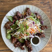 Korean Chykin salad  .. sticky, chewy mock meat with salad & dressing on the side   at Doko Demo V in West Burleigh