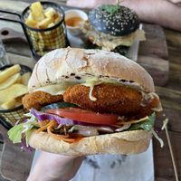 Chick’n burger and chips  at Doko Demo V in West Burleigh