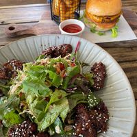 Korean chick’n salad and cheeseburger, both super yummy  at Doko Demo V in West Burleigh