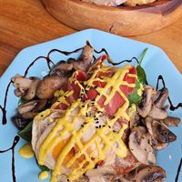 Vegan bacon benny with added mushrooms at Doko Demo V in West Burleigh