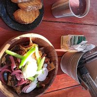 Blueberry smoothie and jackfruit chilaquiles at Enamora in Bacalar