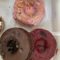 Strawberry, chocolates, and hibiscus (jamaica) donuts!!!! at Cake Girl in Los Angeles