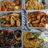 Top left Clockwise: Sweet and sour pork and rice 👍, lemon chicken 👎, pork and duck 👍, satay chicken 👍   Char Quay Tow 👍, prawns 👍👎 at Vegie Mum in Fitzroy