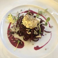 Beetroot spaghetti with vegan ricotta cheese  at Ristorante Lo Stornello in Stresa