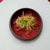 Beetroot gazpacho with daikon and spring onion - highly recommended at Ristorante Lo Stornello in Stresa