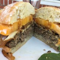 Lunch, Impossible Burger with vegan aioli, yellow tomato; extras ordered: sautéed onions and mushrooms (slight upcharge $18- without $16) at Bluewater in Barrington