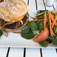Lunch, Impossible Burger comes with a huge order of crispy french fries or you can change out for a side salad, as you see here (no upcharge) at Bluewater in Barrington
