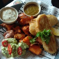 Vegan F-ish, spicy sweet potatoes, minted edemame at Wagamama in Brighton