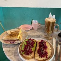 "Egg" sandwich, and avocado/hummus toast at Veg & Bake in Santiago
