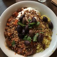 a vegetarian warming bowl: maroccan aubergine sweet potato stew at SLA - Amstelveenseweg in Amsterdam