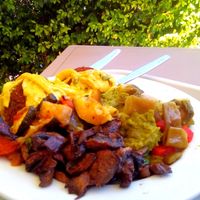 Azuki beans burger w/ mushrooms & curry sauce at Celeiro - Roma in Lisbon
