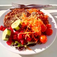 Vegan burger, sauteed veggies and salad at Celeiro - Saldanha in Lisbon