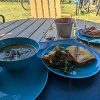 Soup and salad, pesto cheese toastie and cardamom bun at Galleri Stenhallen Café in Borgholm