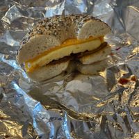 Vegan bacon, egg, and cheese on an everything bagel   at Ostara's Coffee House in West Cape May