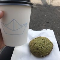 Matcha latte 🍵 and matcha-sesame cookie at Paquebot in Montreal