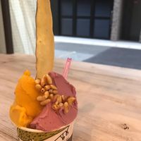 Mango and berry gelato featuring dried sweet potato and rice crunchies.  at Riccio d'Oro in Kobe