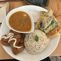 Lunch plate: curry, tenpura, rice, soya nuggets  at Marugoto Vegan Dining Asakusa in Tokyo