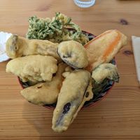 Ten don (rice bowl with tempura) at Marugoto Vegan Dining Asakusa in Tokyo