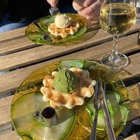 Waffle with soy ice cream (top) and matcha (bottom) - small but cheap and very nice  #Veganuary at Marugoto Vegan Dining Asakusa in Tokyo
