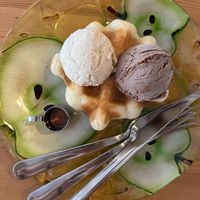 Natural waffle with coconut and chocolate icecream, maple syrup   at Marugoto Vegan Dining Asakusa in Tokyo