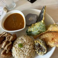 Lunch plate tempura veges, curry and bean ‘meat’ balls  at Marugoto Vegan Dining Asakusa in Tokyo
