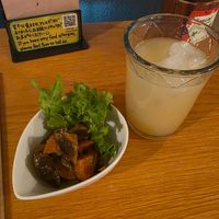 Seasonal mixed veggie appetizer and apple juice at Marugoto Vegan Dining Asakusa in Tokyo