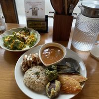 Curry, tempura and brown ricee  at Marugoto Vegan Dining Asakusa in Tokyo