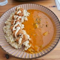 Curry and rice with soy and fava bean pieces at Marugoto Vegan Dining Asakusa in Tokyo
