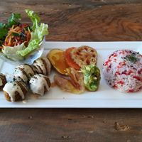 Lunch set - Carrot salad, falafel, vegetable tempura, and rice. at Marugoto Vegan Dining Asakusa in Tokyo