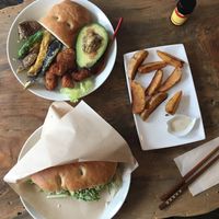 Sandwich plate, stuffed avocado with bread and tempura veggies, side of fries. at Marugoto Vegan Dining Asakusa in Tokyo