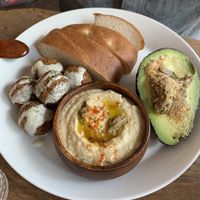 Hummus, avocado & falafel with focaccia  at Marugoto Vegan Dining Asakusa in Tokyo