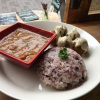 Lunch plate with falafel, mini curry, and a side of rice. Sans the tempura, which came separately.  at Marugoto Vegan Dining Asakusa in Tokyo