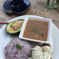 Avocado with mushrooms, falafel, curry, rice.  at Marugoto Vegan Dining Asakusa in Tokyo