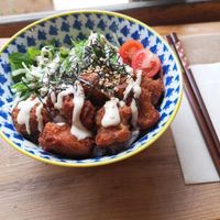 Vegan Karaage Bowl (on rice) at Marugoto Vegan Dining Asakusa in Tokyo
