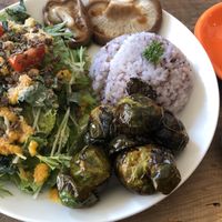 Brussels sprouts with mushroom steak, brown rice and  salad at Marugoto Vegan Dining Asakusa in Tokyo