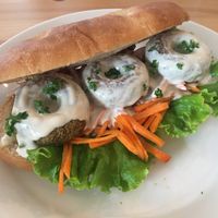 Falafel burger - tahini galore  at Marugoto Vegan Dining Asakusa in Tokyo