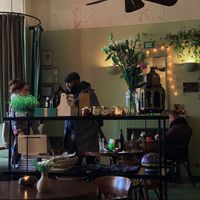 inside (I love the fans) at Cafe Botanika in St Petersburg