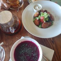 Cold red beet soup and falafel salad at Cafe Botanika in St Petersburg